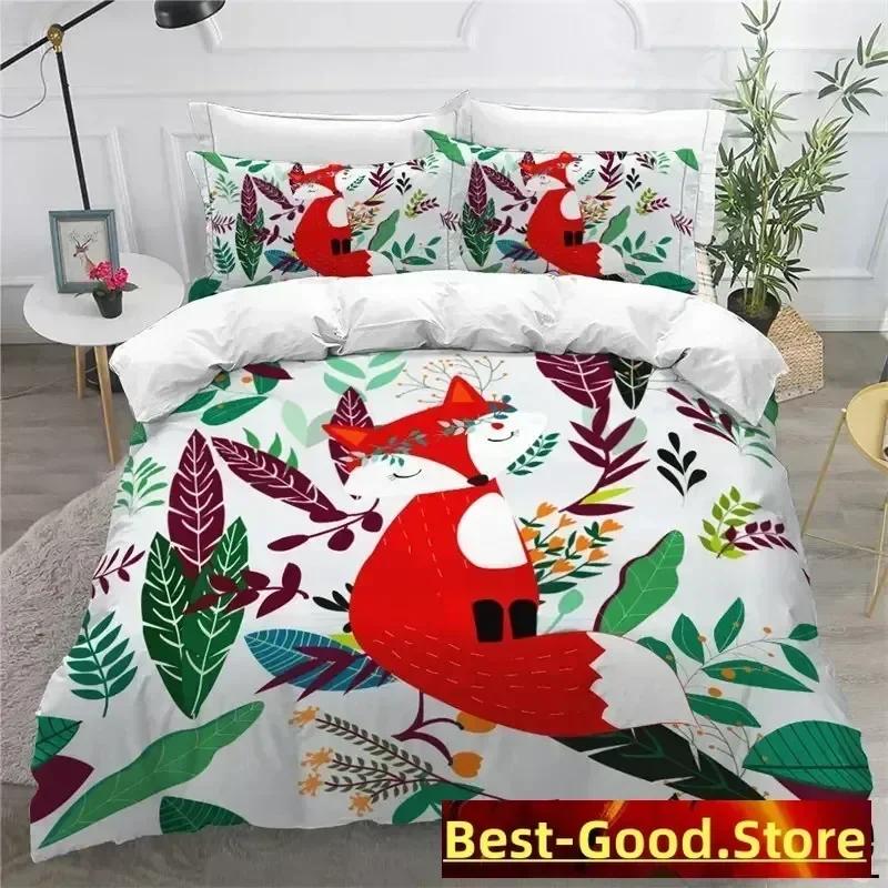 Cartoon Fox Duvet Cover Microfiber Bedding Set Lovely Animal Theme Comforter Cover King Soft For Kids Adults Girls Bedroom Decor