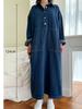 Rochie Denim pentru Femei Guler Stand Mânecă Lungă Nasturi Rochie Lungă Largă Șic Despicătură Șnur Rochie Maxi