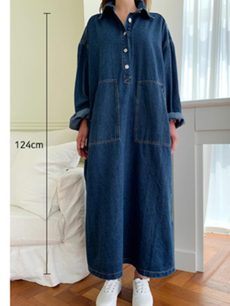 Rochie Denim pentru Femei Guler Stand Mânecă Lungă Nasturi Rochie Lungă Largă Șic Despicătură Șnur Rochie Maxi