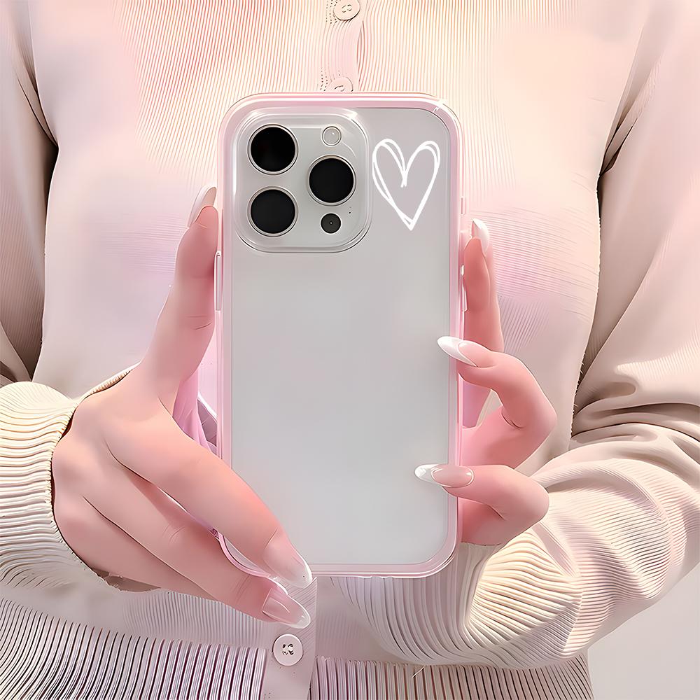 Simple White Heart Pattern 2 in 1 Candy Color Clear Phone Case For iPhone 11 12 13 14 15 16 17 Pro Max Plus Air Silicone Cover