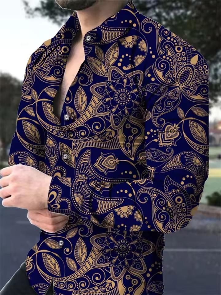 Men's Shirt Fashion Vintage Street Texture Print Shirt Men's Long Sleeve Lapel Shirt
