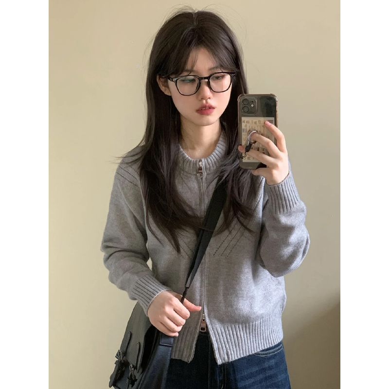 

Gray Slimming Zipper Sweater Outwear Ins Knitwear Gray XL [Recommendation 115/65.00kg]]