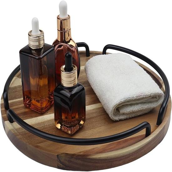 Wooden Serving Tray with Handles, Rustic Brown Color Decorative Farmhouse Wood Tray for Kitchen, Coffee Table, and Food Serving