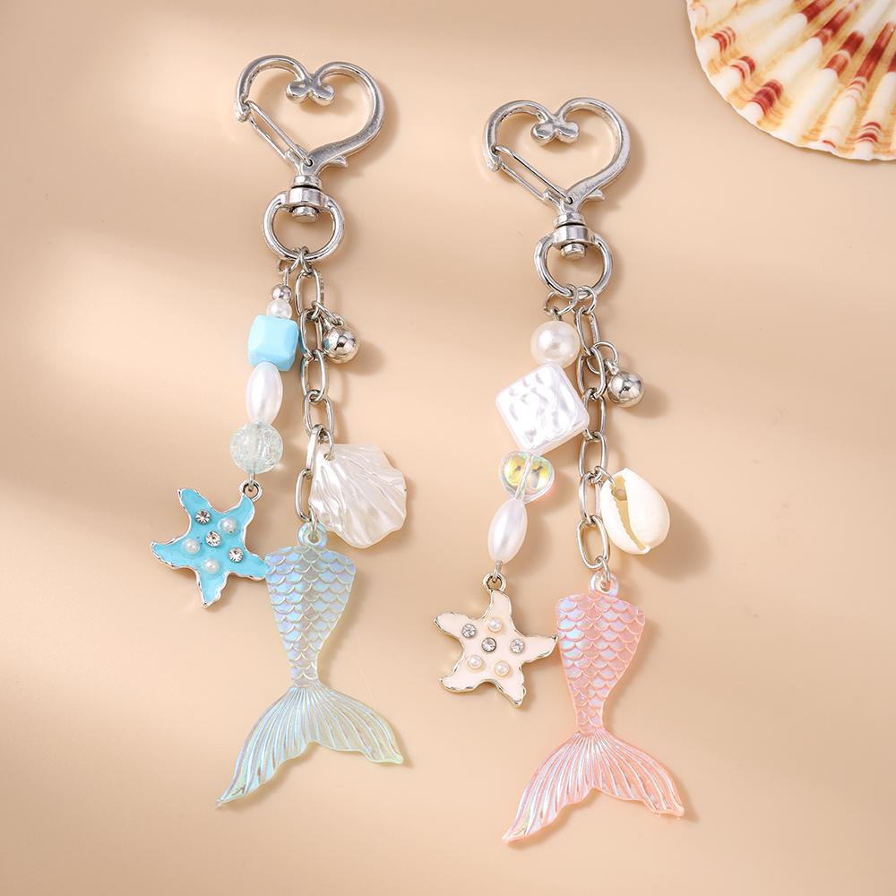 Pretty Mermaid Keychain Women Girls Conch Shell Starfish Key Ring Pendant for Handbag Decor DIY Key Chain Gifts