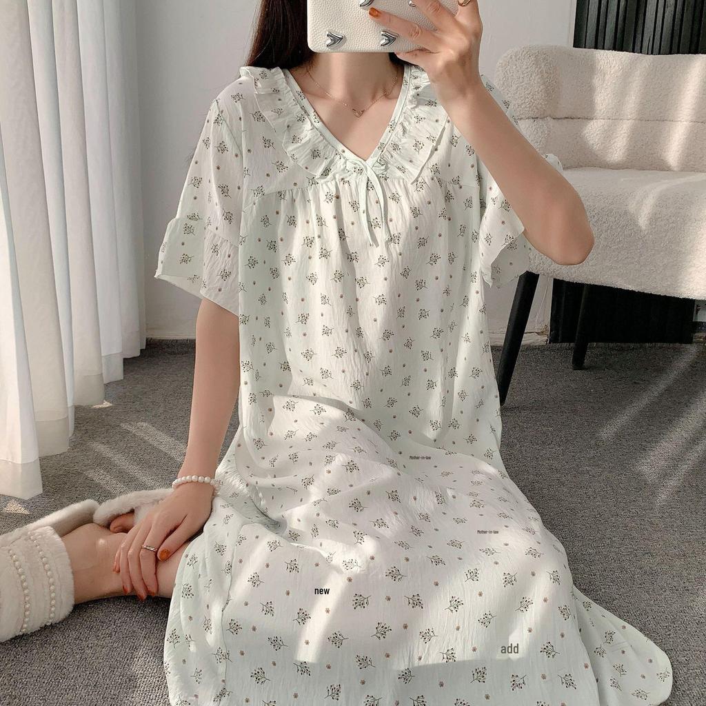 Cloud Cotton Summer Pajama Dress - Women's Short Sleeve Sweet Girl Print Homewear