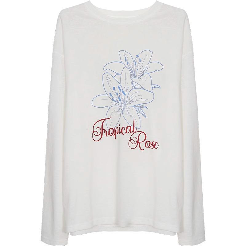 Women's Casual Long Sleeve Crew Neck Printed T-Shirt - Slimming, Sun Protection, Loose Fit, White Summer Cover-up.