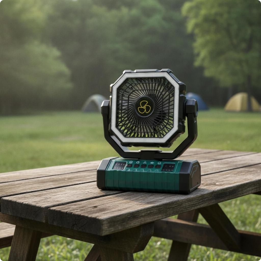 Adjustable Rechargeable Camping Fan Power Bank with Light for