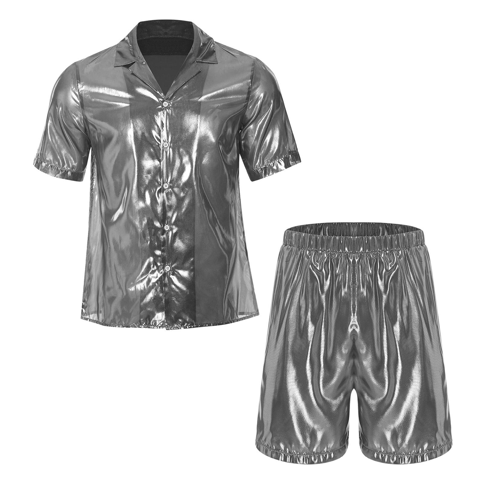 

Чоловічий Блискучий Пляжний Комплект Прозора Сорочка з Ефектом Водної Рябі Еластичні Пояс Вільні Шорти-Боксери Курортний Купальний Костюм S срібний