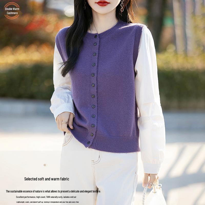 

Women s Fashionable Contrast Sleeve Two-Piece Look Knit Cardigan Sweater M