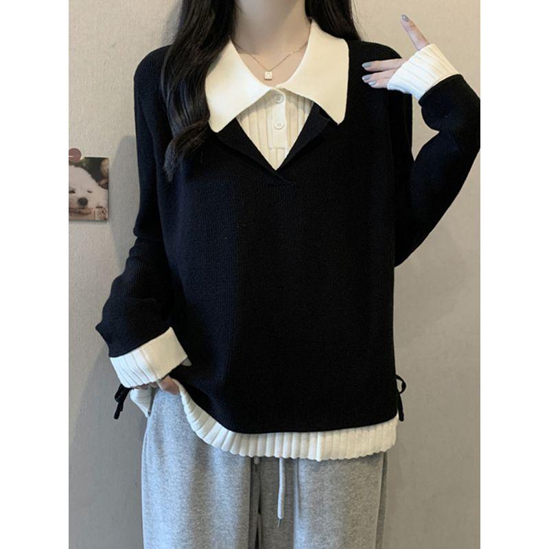 

Plus Size Women s Belly Covering Fake Two-Piece Polo Collar Knitwear Women s Fall and Winter Fat Sister Loose Slimming Underwear Sweater Black M [Recommendation 40-50kg]