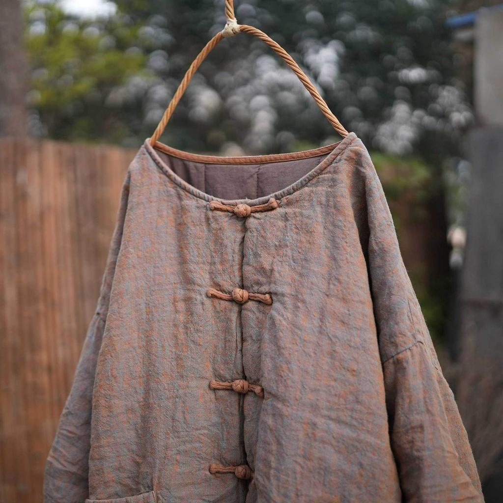 Johnature Dames Vintage Winter O-hals Lange Mouwen Jassen Knopen Patchwork Zakken Chinese Stijl Dames Jassen