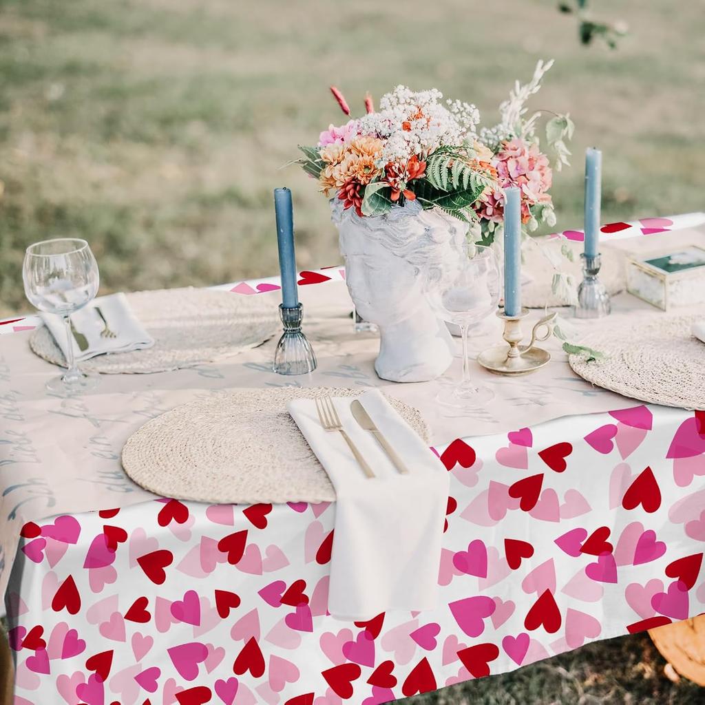 Gatherfun Valentine's Love 3-Pack Tablecloths: Waterproof & Disposable Plastic Covers, 54x108, Romantic Heart-Themed Decorations for Memorable Party