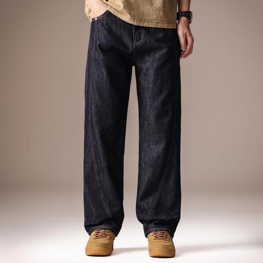High-end American retro primary color jeans men's straight loose casual wash trendy brand design sense wide leg pants men