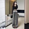 Women's High-Waist Black Polka Dot Lace Trim Wide-Leg Sporty Pants for Spring