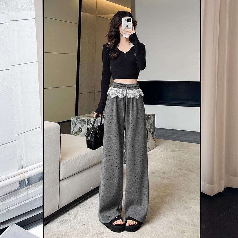 Women's High-Waist Black Polka Dot Lace Trim Wide-Leg Sporty Pants for Spring