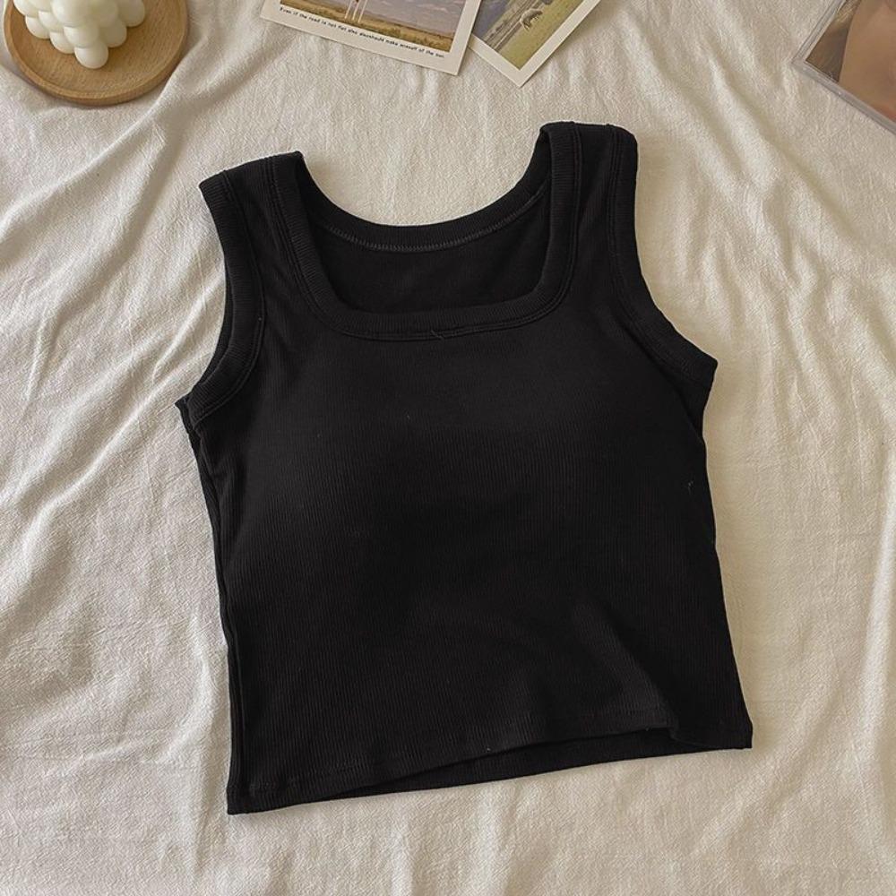 

Square Neck Chest Pad Tank Top Halter Crop Tops Women Camis Backless Camisole Fashion Tube Lady Sleeveless Cropped Vest One Size чорний