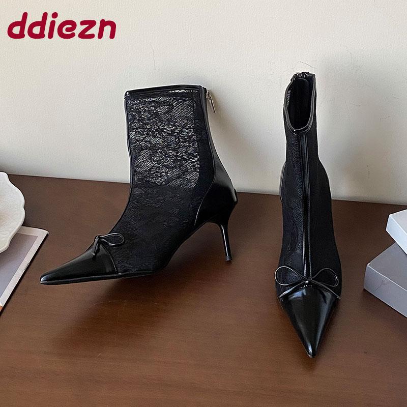 Fashion Fashion Butterfly-Knot Women Ankle Boots Shoes Female Thin Heels Footwear Pointed Toe Ladies Modern Booties Shoes With Zippers