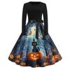 Women Vintage Halloween Print Long Sleeve Crew Neck Dress with Belt Retro Casual Fit and Flare Midi Dress for Holiday Party