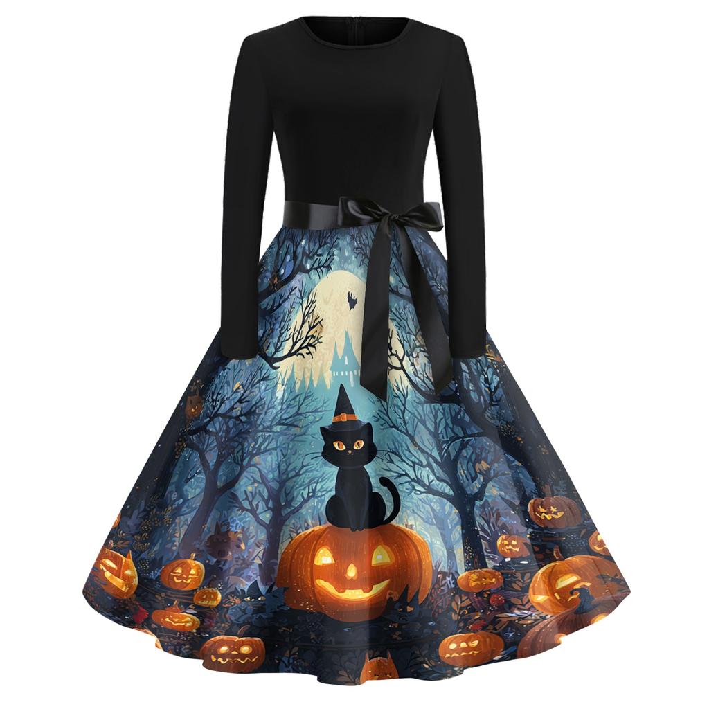 Women Vintage Halloween Print Long Sleeve Crew Neck Dress with Belt Retro Casual Fit and Flare Midi Dress for Holiday Party