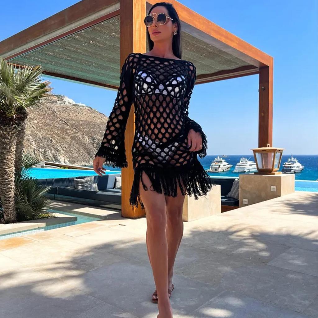 2025 New Beach Cover Up Bikini Crochet Knitted Tassel Tie Beachwear Summer Swimsuit Cover Up Sexy See-through Beach Dress