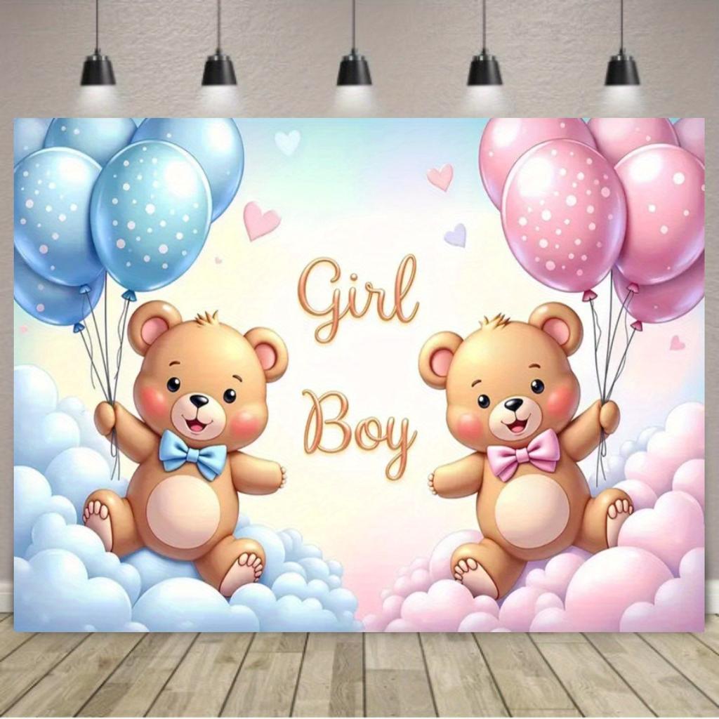 A gender reveal party banner featuring designs of bears clouds and pink balloons as a background for celebration photography