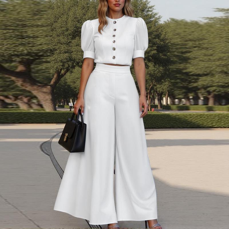 ZANZEA Women Puff Short Sleeve Blouse and Wide Leg Pants Summer Two Piece Suit Sets