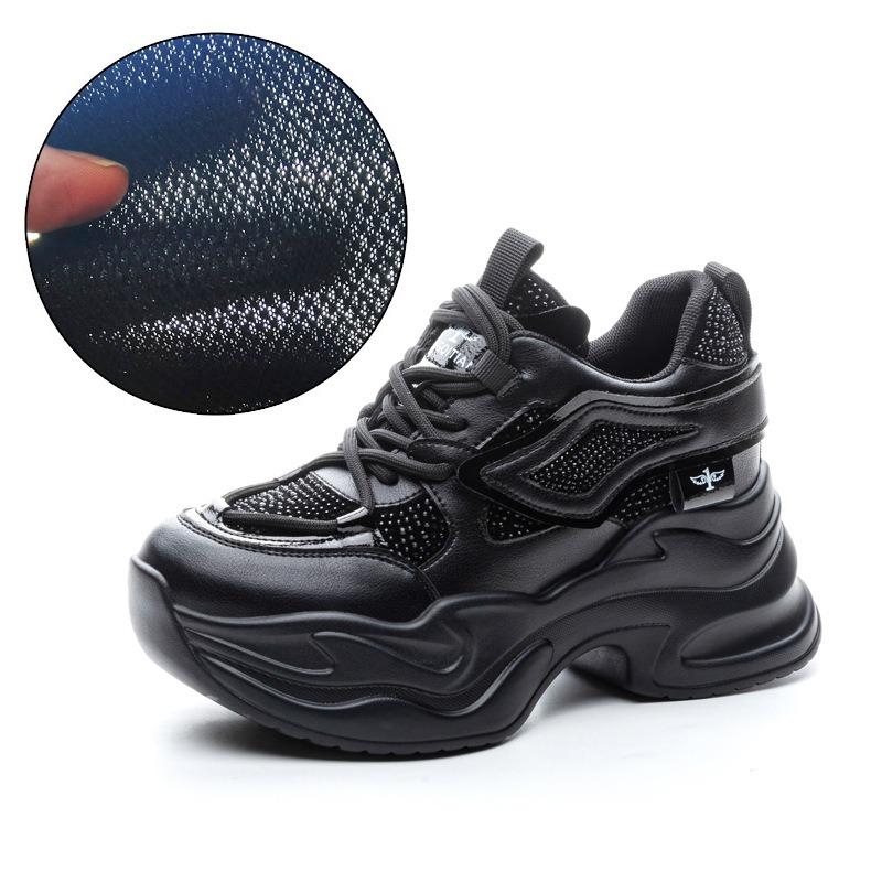 Spring and summer women's shoes new inner height increase women's thick-soled thick-soled small casual rhinestone mesh shoes