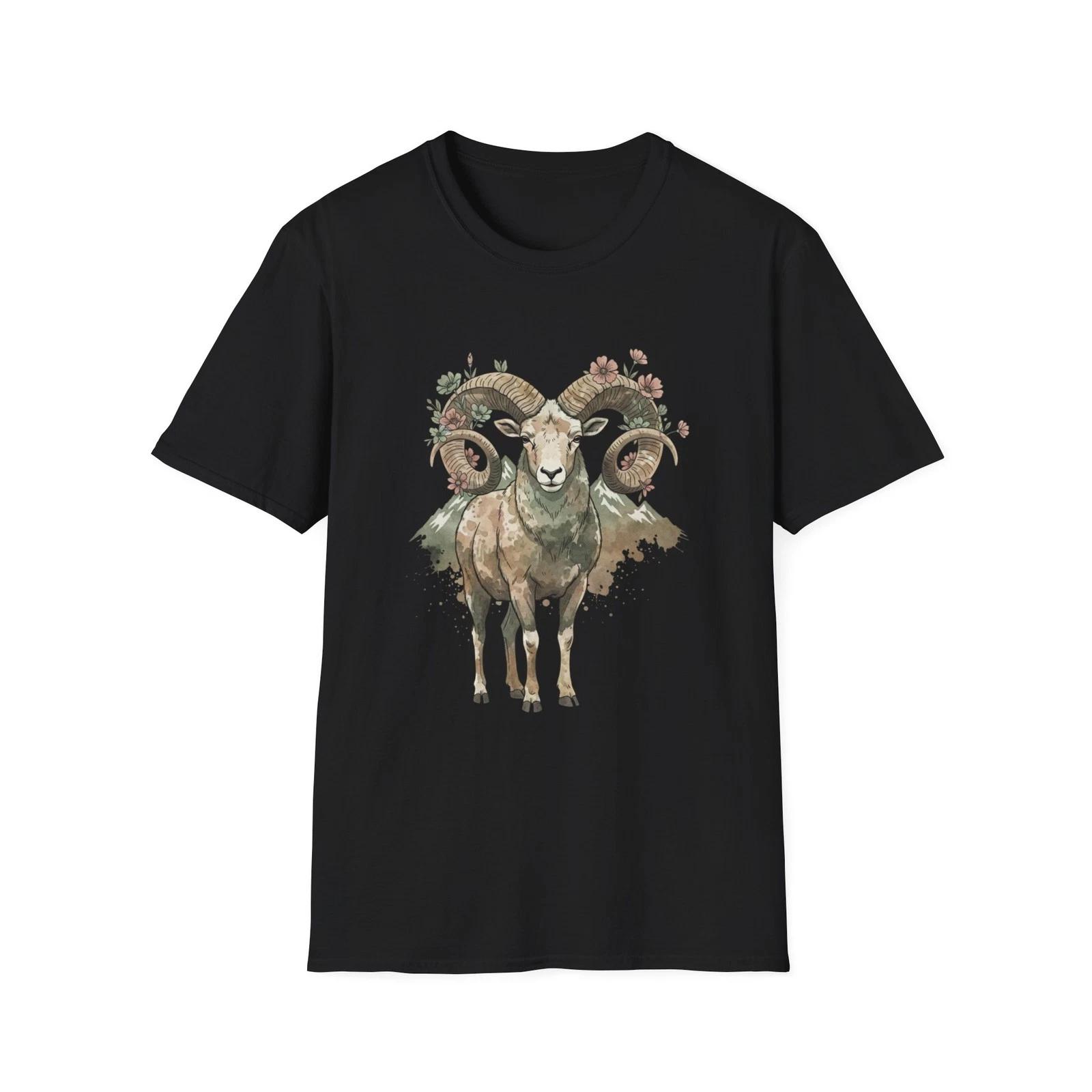 

Ram Flowers Mountains Vintage Watercolor Black Tee Nature Graphic T-Shirt XL