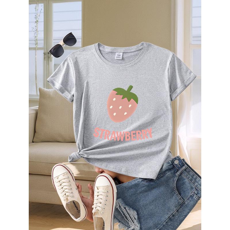 Women'S Short-Sleeve T-Shirt with Letter And Strawberry Print, a Trendy And Versatile Casual Top for Summer