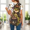 Womens Plus Size Short Sleeve Top Western Cowboy Skeleton Pumpkin Floral Print Irregular Pointed Hem Casual Blouse