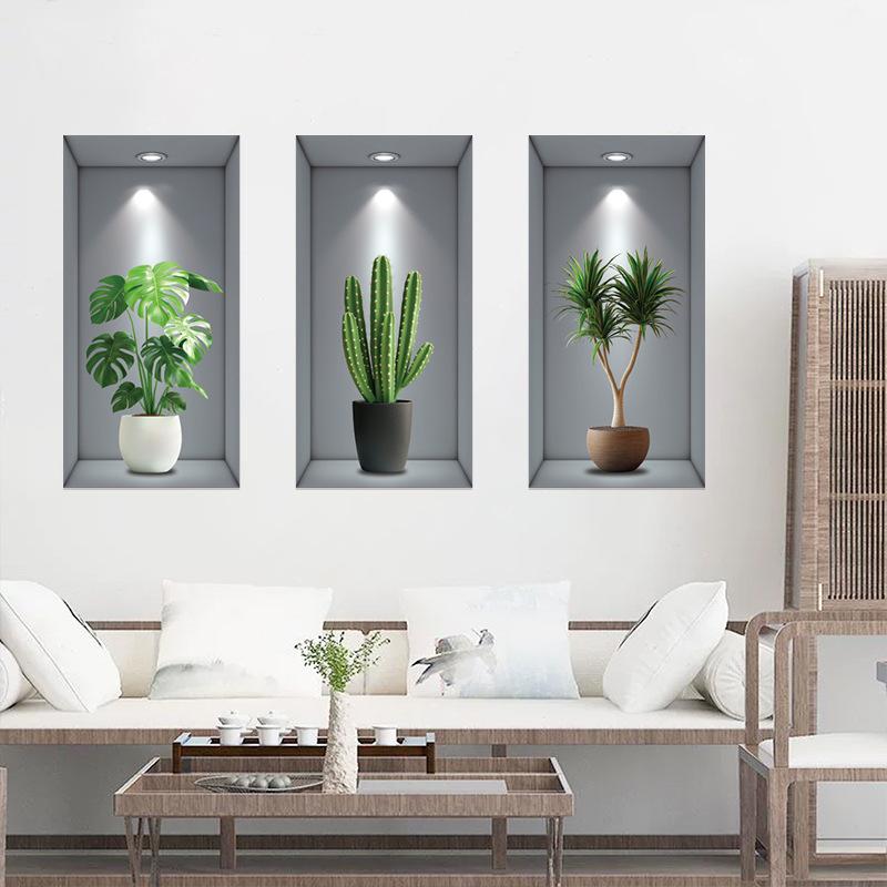 Green Plant Couplet Painting Simulation 3D Photo Frame Wall Sticker Bedroom Living Room Background Wall Sticker Self-adhesive Wall Sticker