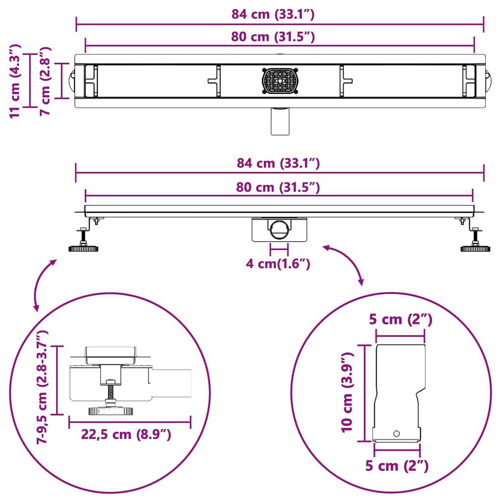 2 In 1 Shower Drain with 360 Degrees Siphon Black 80 Cm Stainless Steel 304