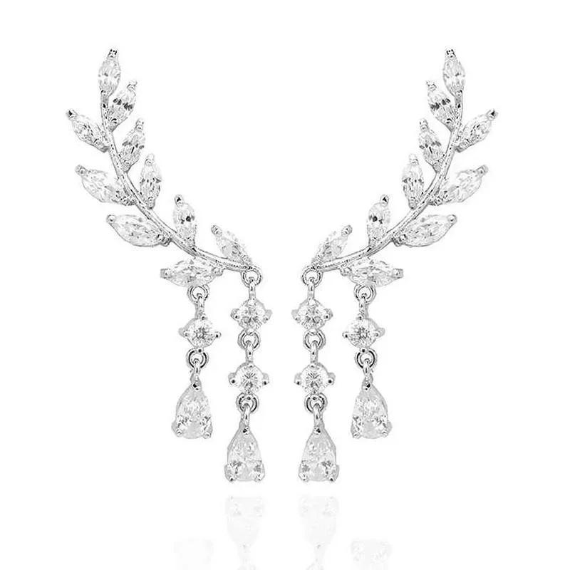 Korean Earrings Sparkling Zirconia 925 Silver Needle Leaf Tassel Water Drop Earrings Women's Fashion Summer Fresh Accessories