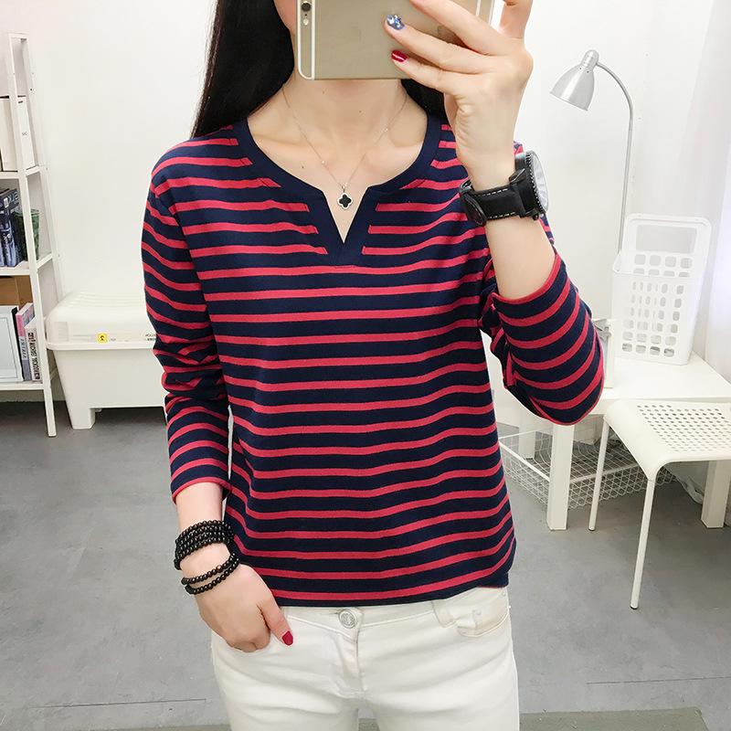 Women's Plus Size Striped Long Sleeve Cotton T-Shirt - Autumn Collection for Middle-Aged Moms