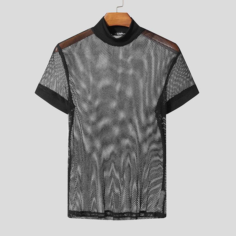 

INCERUN Мужская летняя футболка с коротким рукавом и сетчатой прозрачной вставкой