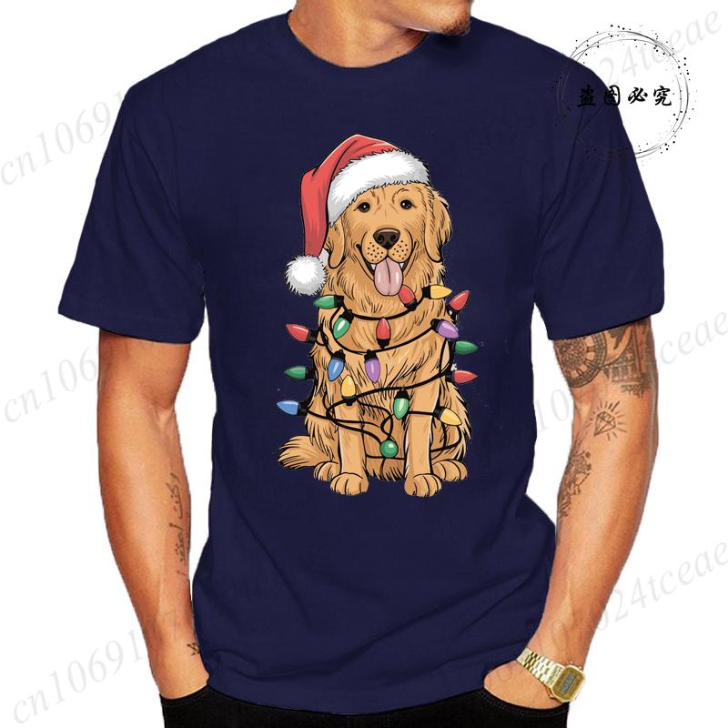 New Mens TShirts Christmas Golden Retriever Print TShirts Round Neck Short Sleeve Casual Tshirt Happy New Year Dog Shirts