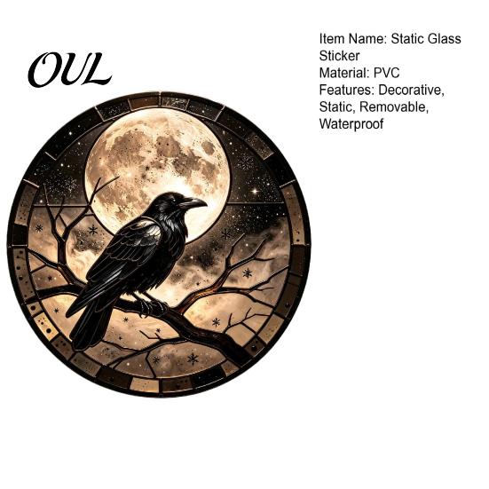 Weatherproof Glass Clings Halloween Raven Moon Static Sticker, Removable Window Decals, Vintage Decoration Crow PVC Waterproof Cling for Home & Store