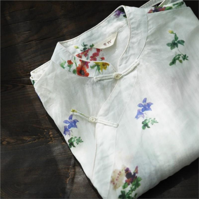 Johnature Women Vintage Print Floral Shirts Tops Stand Seven Sleeve Blouses Summer Button Chinese Style Shirt