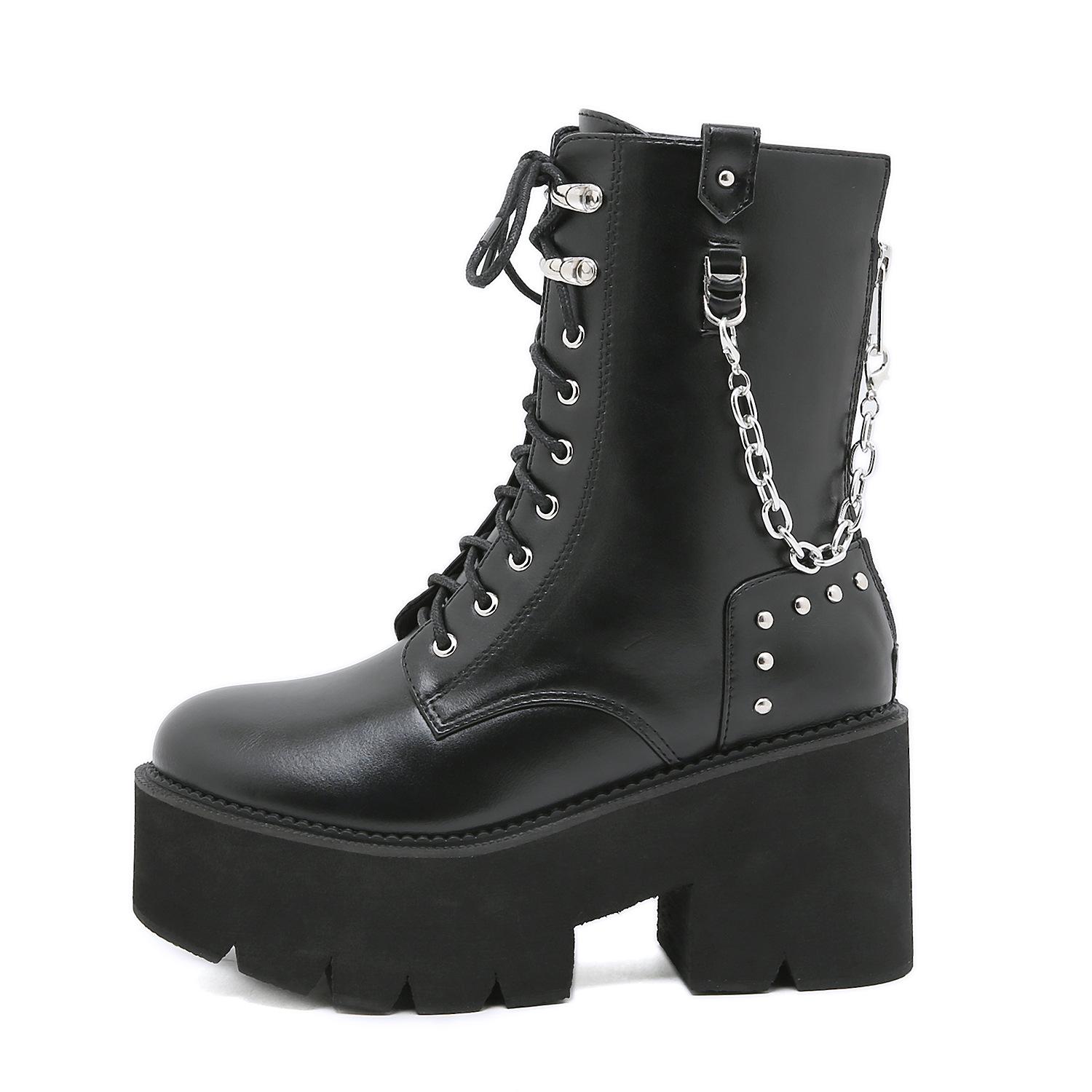 

Ботильоны Мартин на высокой платформе большого размера с металлической цепочкой, короткие ботинки на подошве-маффин, женские ботинки на шнуровке спереди 43 чёрный