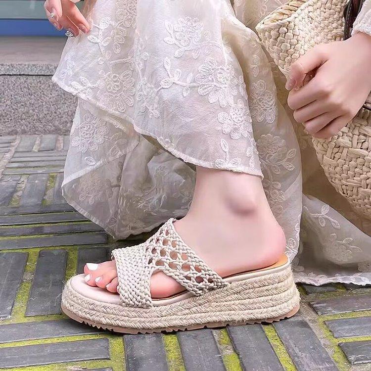 

Sheepskin version~ thick-soled retro straw woven one-word sandals women s versatile super fire leather woven comfortable commuter fisherman shoes 40