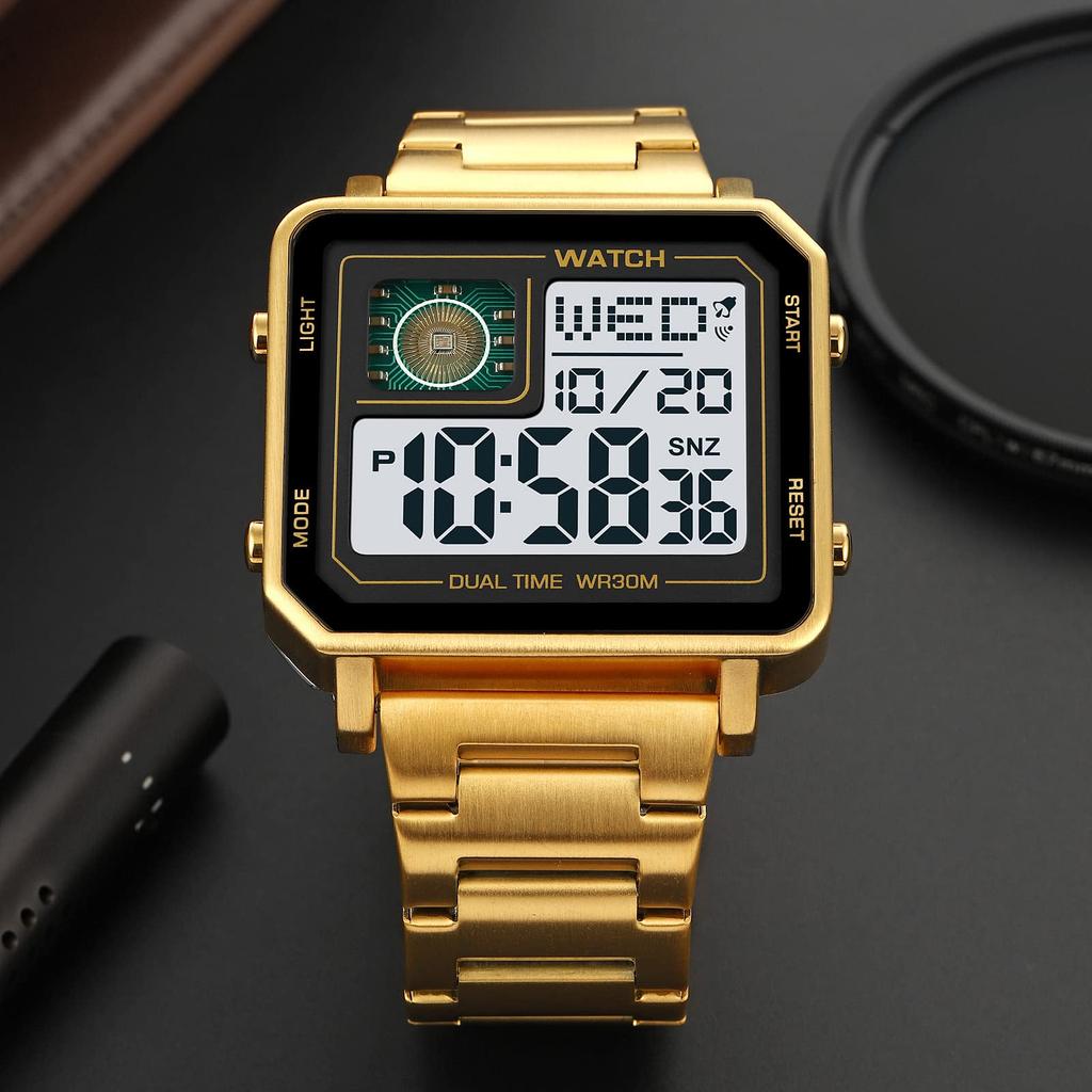 Reginald Watches for Men Fashion Trend Multifunction Outdoor Sports Watch LED Large Digital Display Chronograph Stainless Steel Square Watches