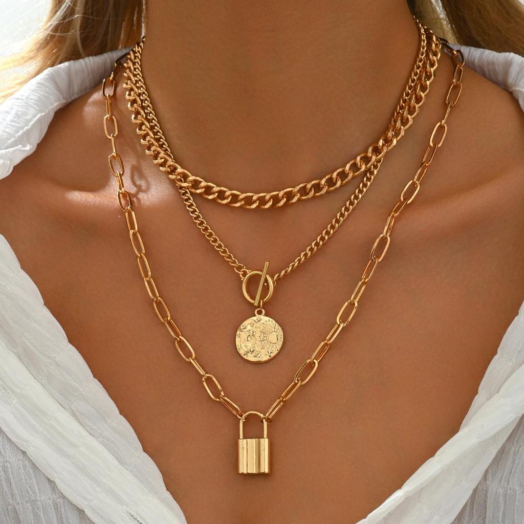 Elegant Embossed OT Buckle Three-Layer Necklace Set for Women