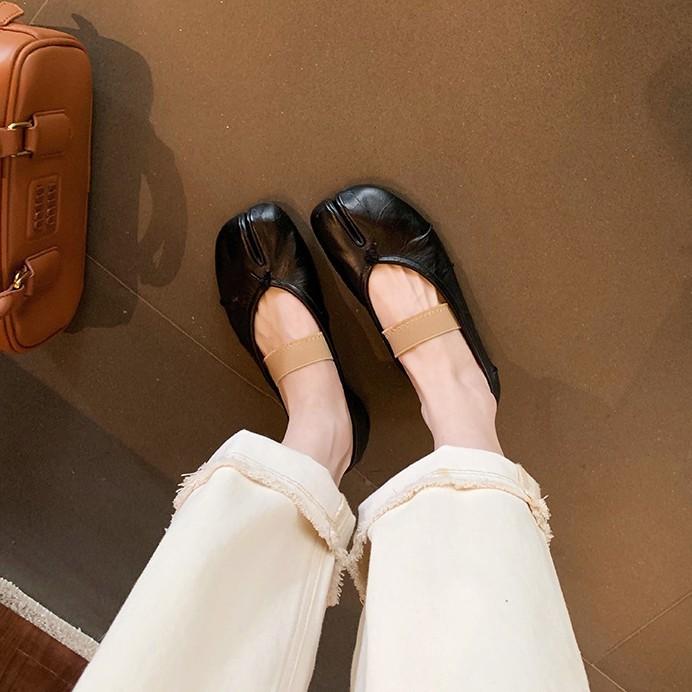 Sheepskin version~ Beautiful one-word leather split-toed shoes women's spring soft-soled ballet shoes small heels Mary Jane single shoes