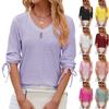 Spring Summer New Women's Solid Color V-neck Buttoned Mid-sleeve Loose T-shirt Top For Cross-border Foreign Trade