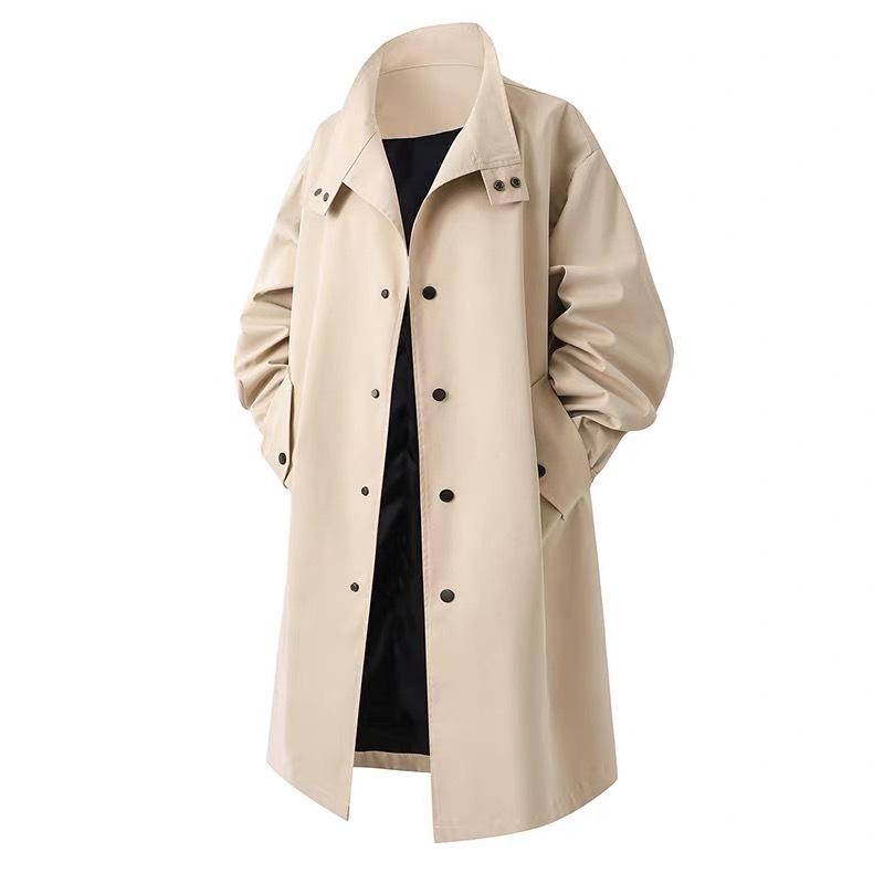 Men's Mid-Length Single-Breasted Trench Coat with Stand-Up Collar - Loose Casual Fit, Plus Size, British Style Jacket