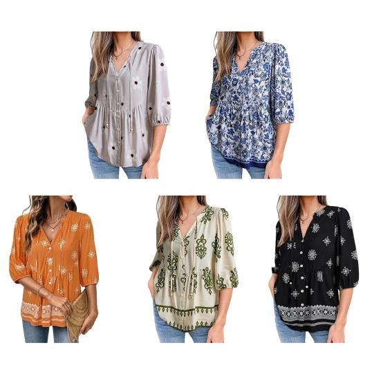 Women Shirt Loose Fit V Neck Printed Button Placket Shirt Tops Half Sleeve Breathable Summer Casual Tops