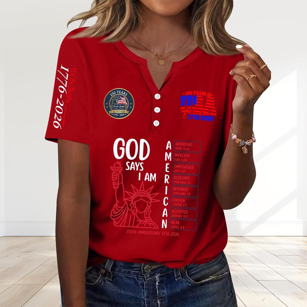Womens Short Sleeve Henley Neck Printed T Shirt 250th Anniversary Letter Graphic Casual Loose Fit Top for Everyday Wear