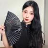Ancient Chinese Style Black Bamboo Folding Fan for Women's Hanfu Dance Costume
