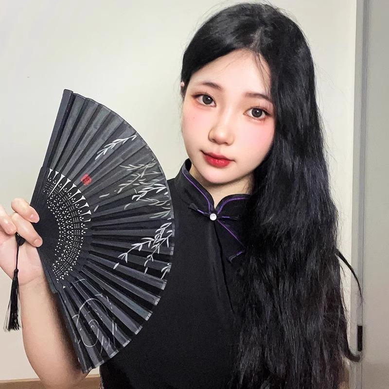 Ancient Chinese Style Black Bamboo Folding Fan for Women's Hanfu Dance Costume