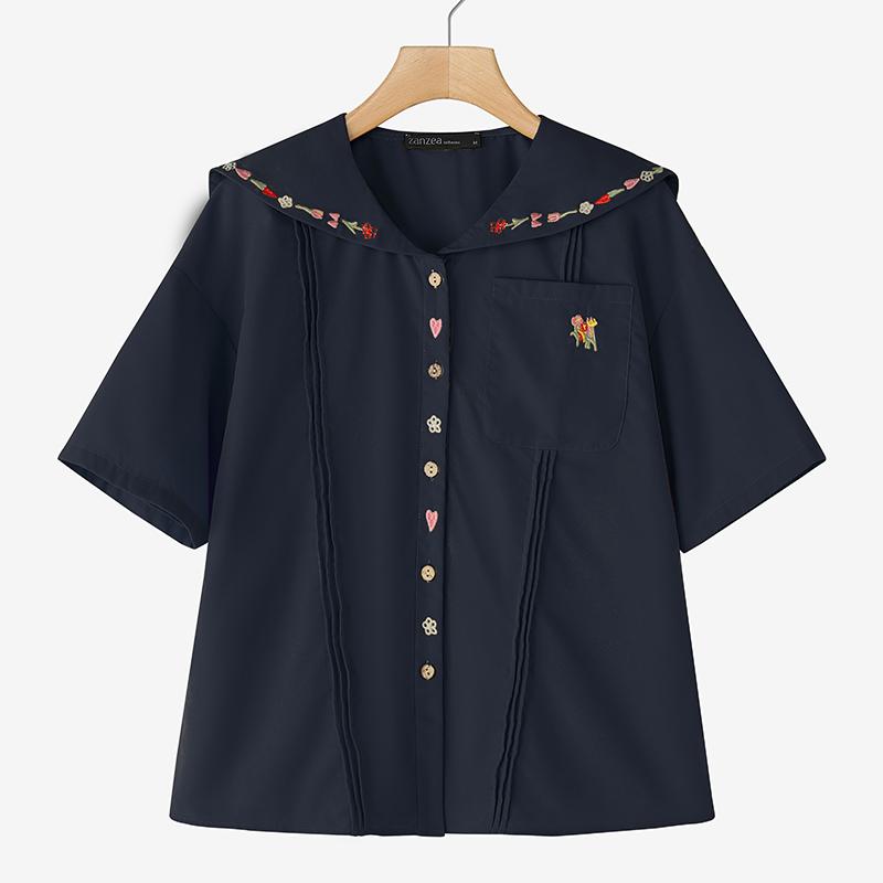 

ZANZEA Женская повседневная летняя блузка с круглым вырезом и коротким рукавом с принтом 5XL темно-синий